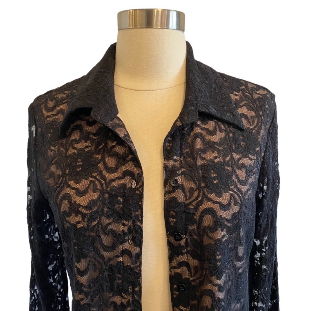 Mesh Lace Long Sleeve Button Down Blouse - Picture 2 of 11